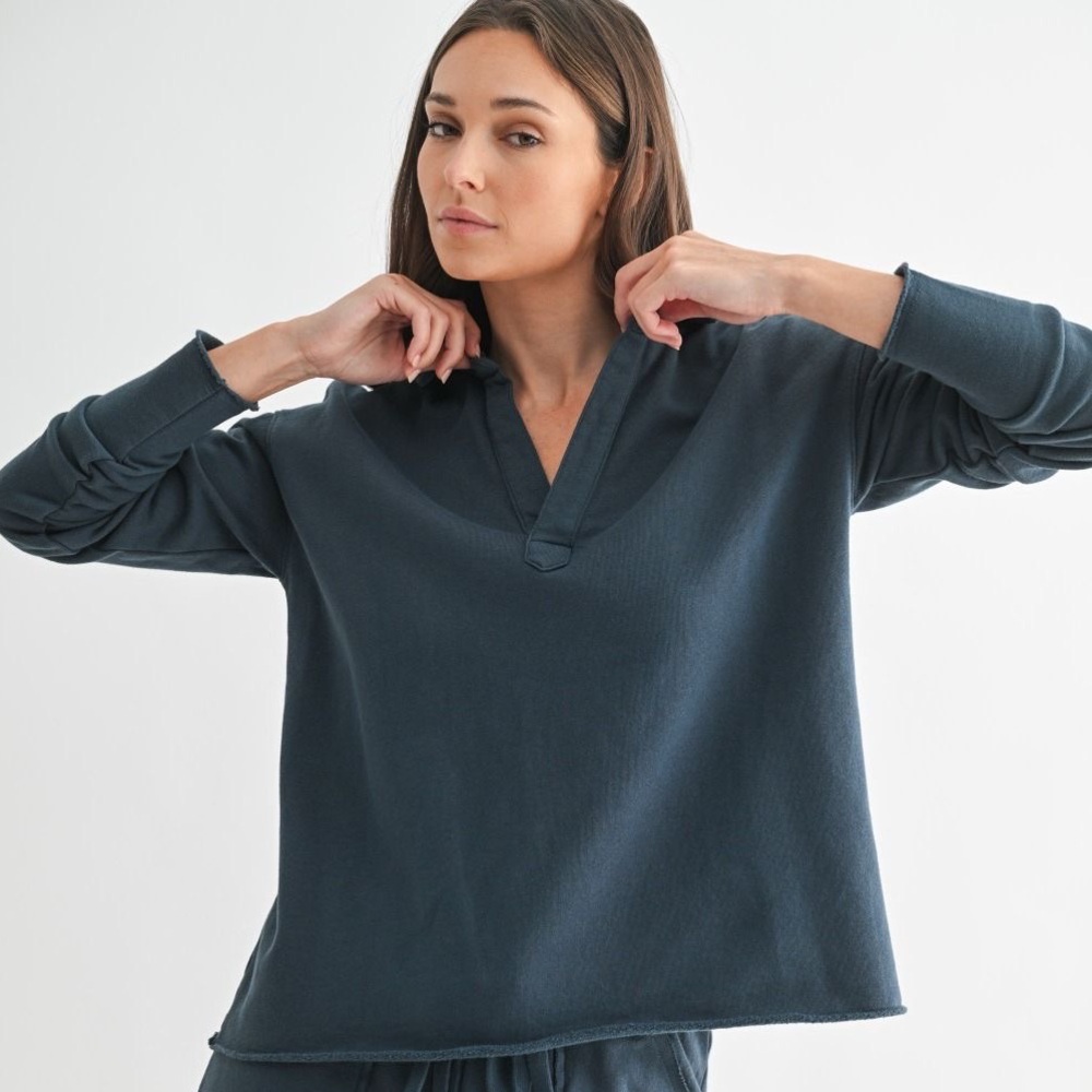 Navy 100% Cotton Long Sleeve Henley Long Sleeve V-Neck Top